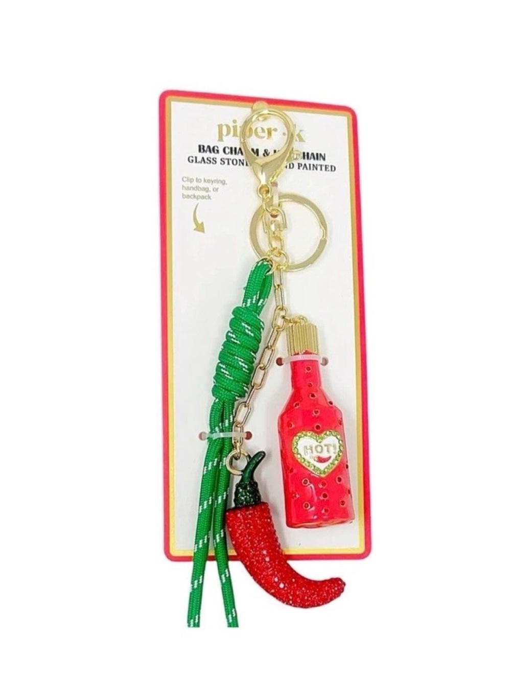 NWT Piper k Hot Sauce ,Red Chili & Green Tassel Bag Charm Keychain